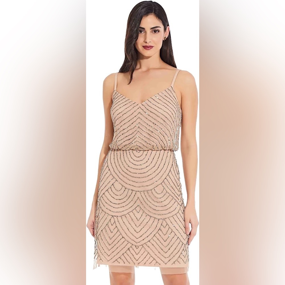 Adrianna Papell Sleeveless V-Neck Blouson Sequin Beaded Cocktail Dress